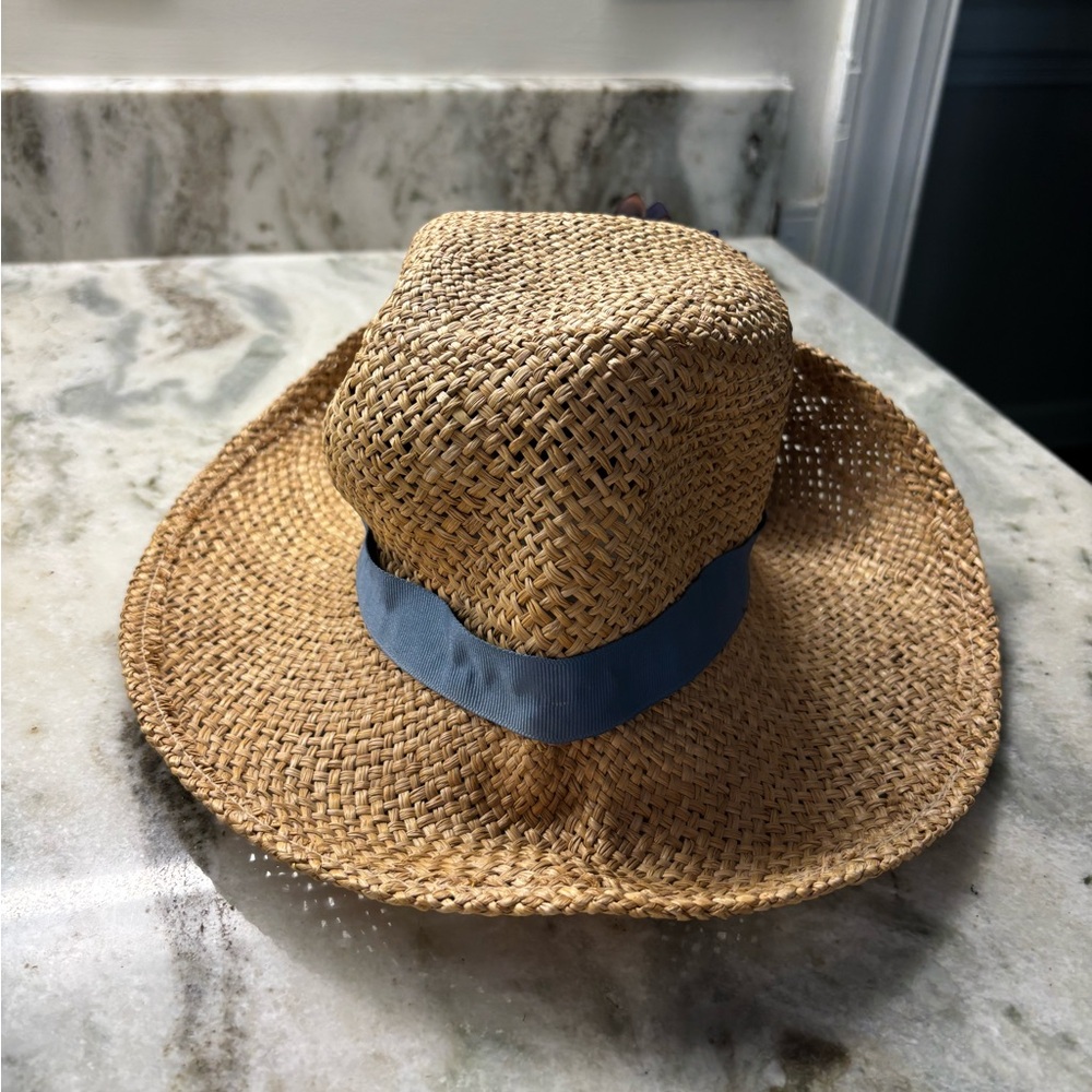 Vintage Importina Straw Hat with Blue Flower Accent - Picture 4 of 5